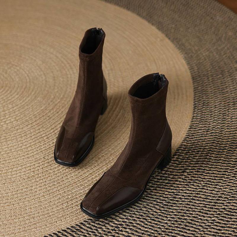 Korean Version of the New Suede Elastic Women's Boots Square Head Large Size Martin Boots Solid Color High Heel Leather Boots Autumn and Winter Mid