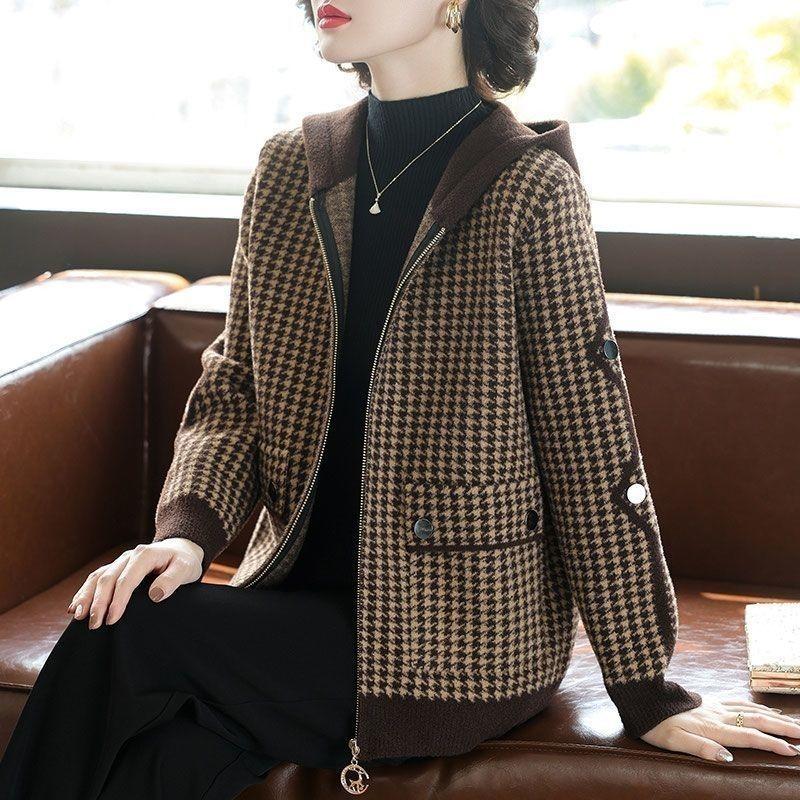 Plaid Contrast Hooded Cardigan Long-sleeved Jacket Casual Stylish Jacket Top