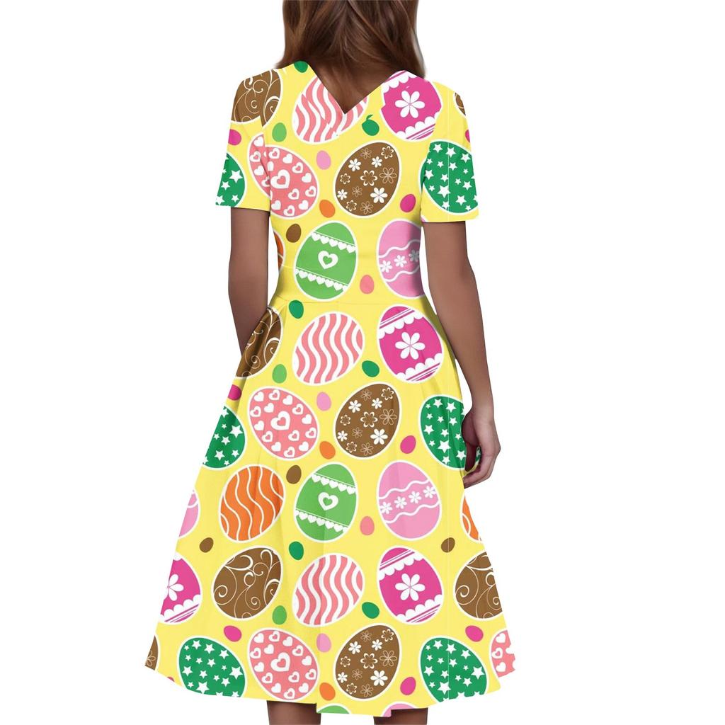 Women's Casual Fashion  Dress Easter Printed Round Short Sleeve Waisted Mid-Length Swing Dress (with Zipper)