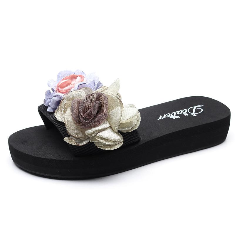 Fashion Flowers Slippers Women Platform Shoes Summer Wedges Fresh 2025 Korean New Beach Flip Flops Anti-skid Sweet Girls Slides Casual