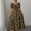 Ruffle Edge Dress Women Puff Sleeves Printed Slim Fit Spring Summer Size S-XXL