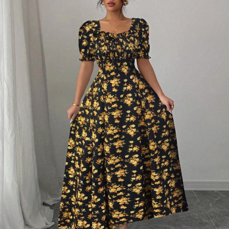 Ruffle Edge Dress Women Puff Sleeves Printed Slim Fit Spring Summer Size S-XXL