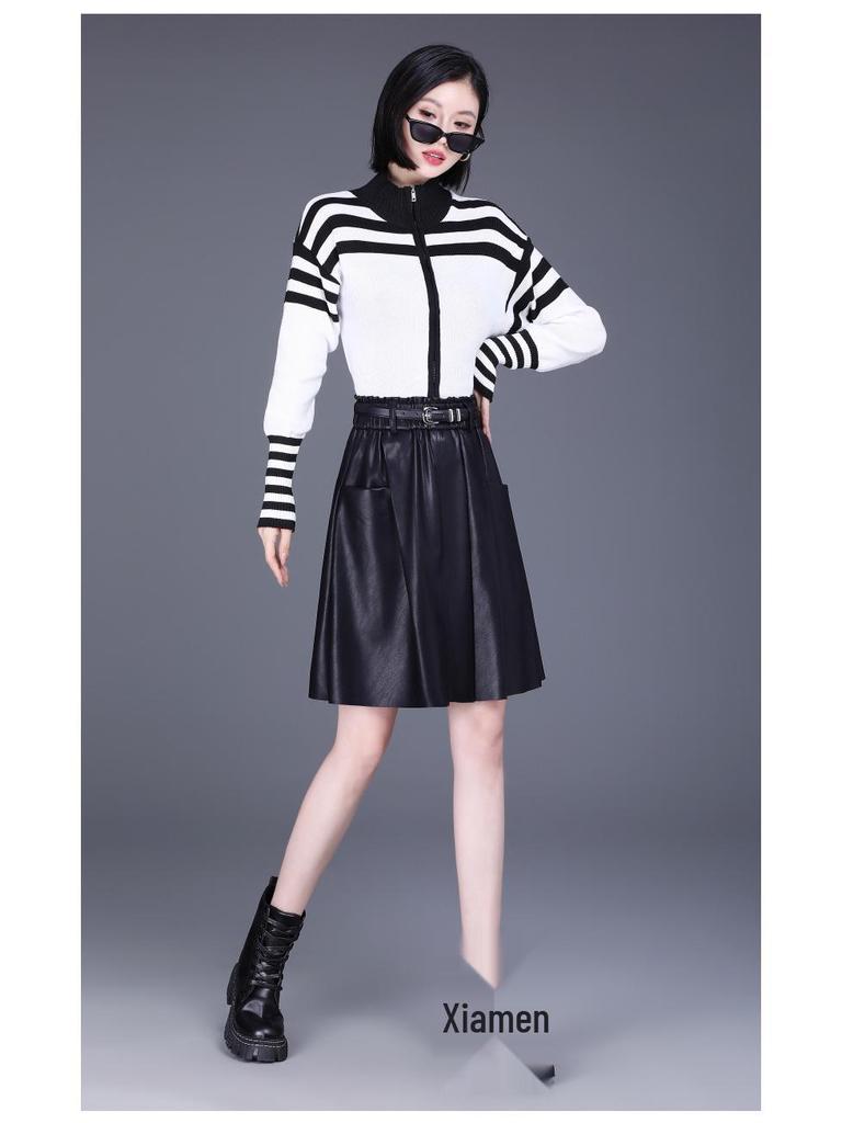 High-Waisted A-Line Leather Skirt for Women, Autumn/Winter, Pleated Lambskin Midi Skirt, Age-Defying & Classic Design