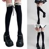 Women Japanese Student Winter Warm Cotton Over Knee Long Socks Elegant Ruffled Lace Top Bowknot Thigh High Stockings