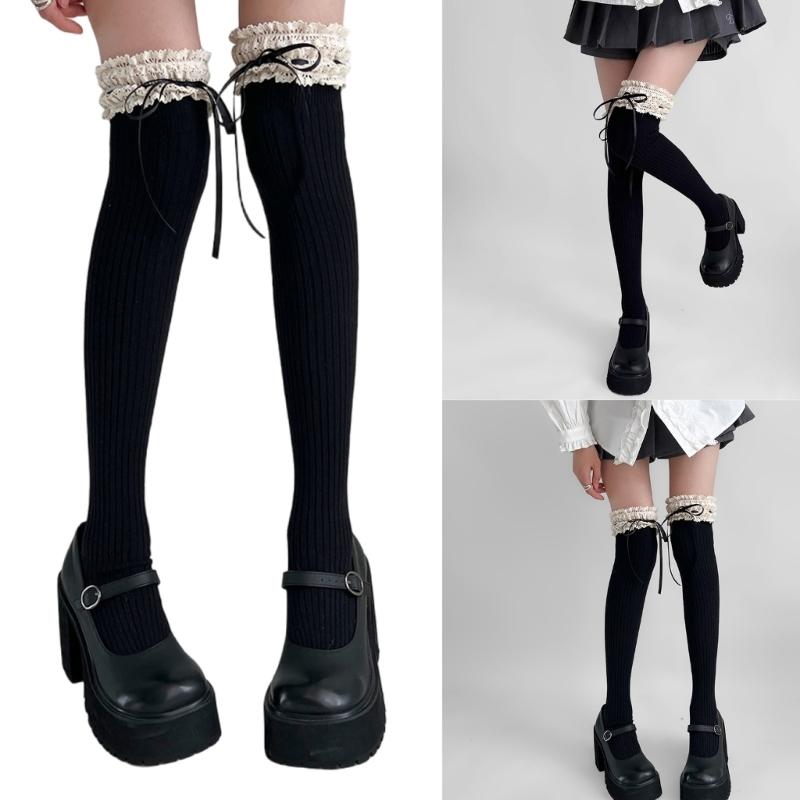 Women Japanese Student Winter Warm Cotton Over Knee Long Socks Elegant Ruffled Lace Top Bowknot Thigh High Stockings