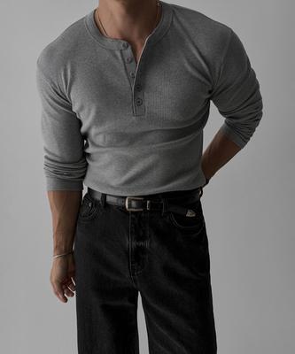 BOWLOW PRODUCT Muscle Fit Cotton Henley Neck Knit Tee [Gray]
