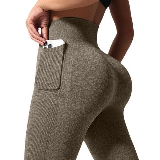 Yogabroek voor dames, hoge taille, effen kleur, geribbelde legging met zijzak, 3D-stijl sportbroek
