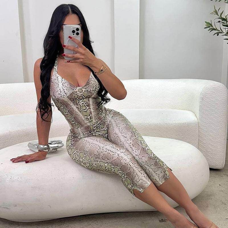 C25Jp339 European and American Women's Clothing Autumn and Winter New Style Elegant and Sexy Sleeveless Snake Print Suspender Slim Long Jumpsuit