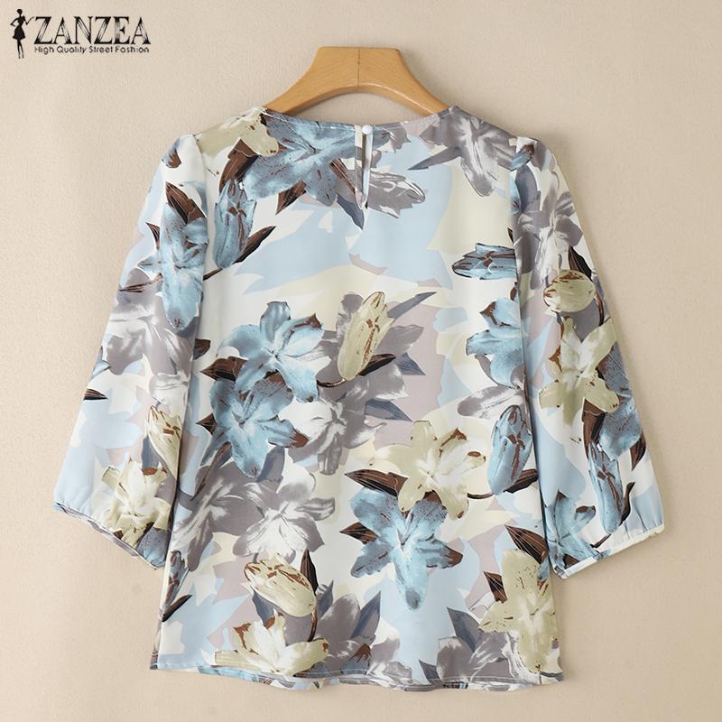 ZANZEA Women Summer Round Neck 3/4 Sleeve Loose Print Blouse