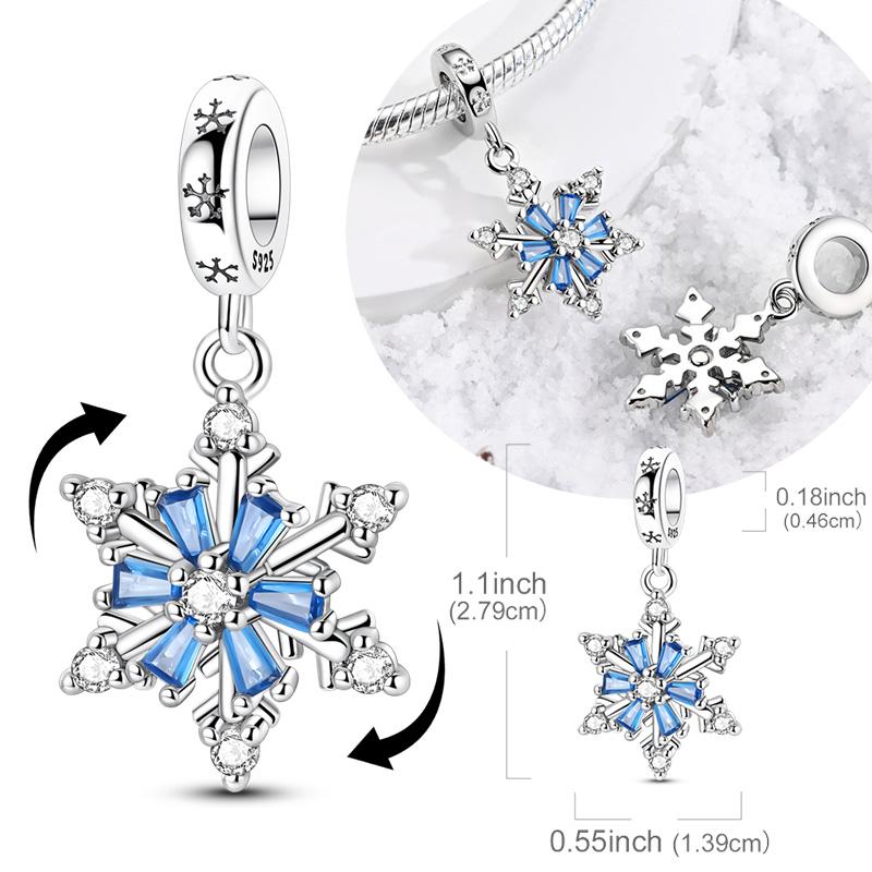 Original 925 Sterling Silver Charms Bead Winter Blue Zircon Sparking Rotatable Snowflake Pendant Fit Original Bracelet Necklace