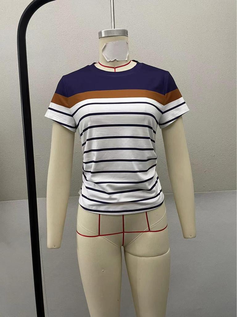 2026 Women's Striped Slim-Fit Pleated Round Neck Short Sleeve T-Shirt