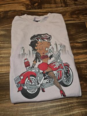 Vintage Y2k Betty Boop Motorrad Pink Weiß 2000er Jerzees T-Shirt Größe Klein