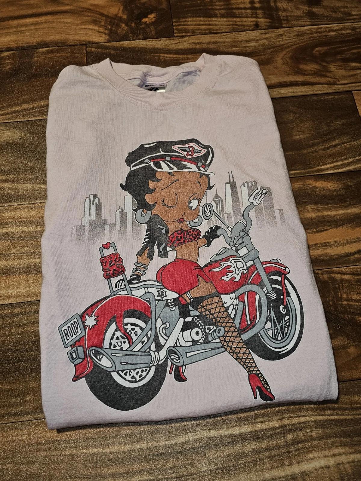

Винтажная футболка Betty Boop на мотоцикле, розово-белая, Y2k, 2000-е, Jerzees, размер S S