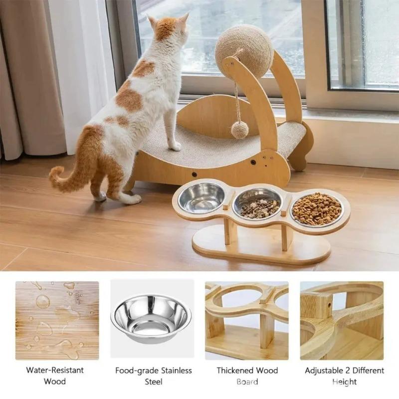 Comedero elevado para gatos y perros, soporte de madera ajustable con 3 tazones inclinados