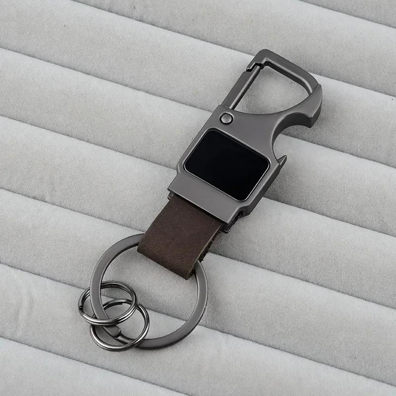 

Custom Cowhide Bottle Opener Genuine Leather Metal Keychain Multifunctional Key Chain Vintage Laser Engrave Name Car Keyring Blank