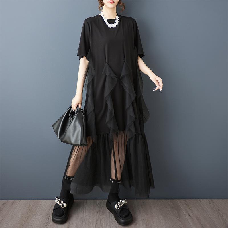 Summer Artistic Two-Piece Irregular Mesh Splicing Mid-Length Dress Large size