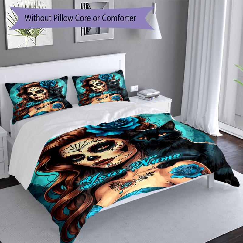 3pcs Custom Name Day Dead Art Bedding Set Printed Bedding Set Duvet Cover Closure Includes 1 Duvet Cover & 2 Pillowcases Bedroom Decor