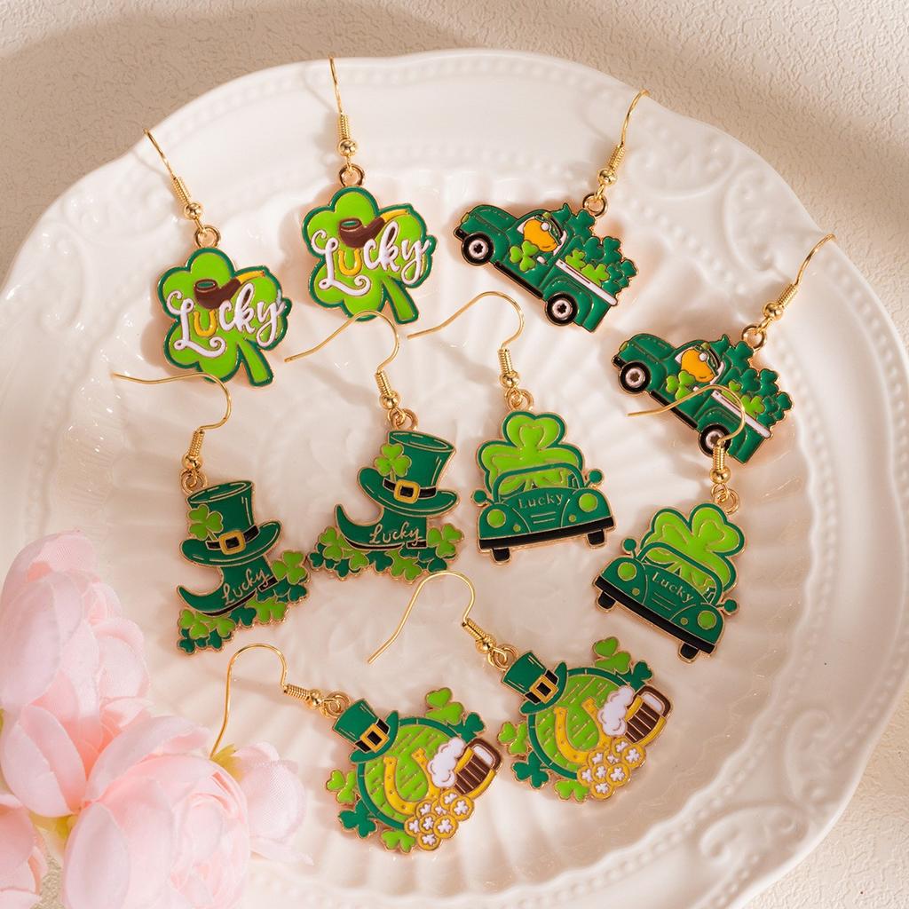 Irish Holiday Earrings Set Clover Lucky Car Lucky Ear Hook Jewelry