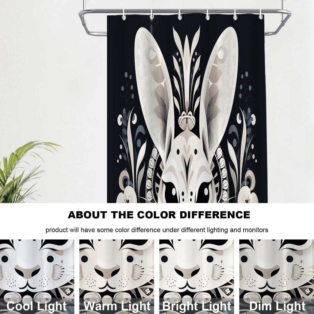 Artistic Rabbit Face Floral Design Shower Curtain Black White Boho Decor 72X72 Inches