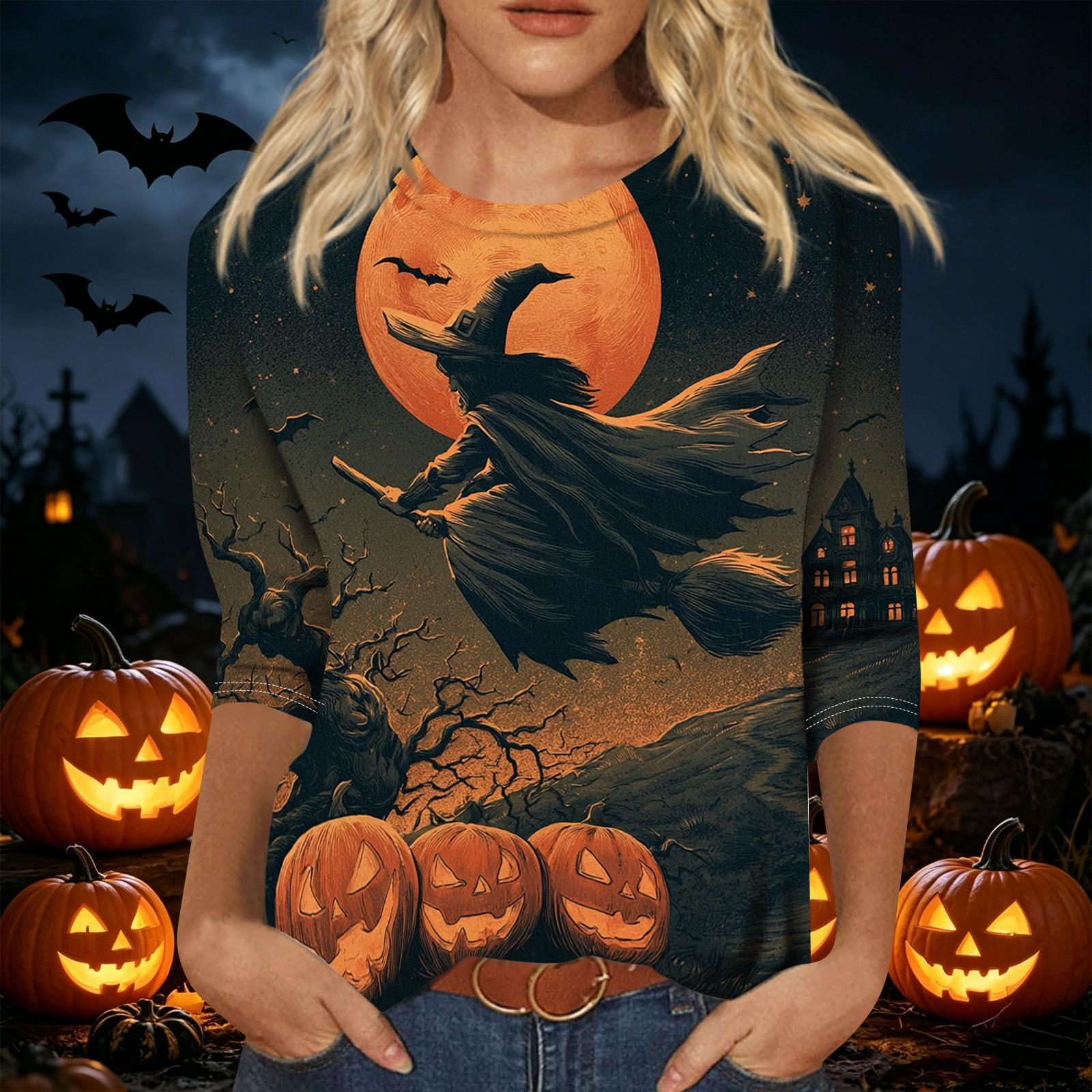 Women s Halloween Printed Three-Quarter Sleeve Round Neck Loose Fit Casual Shirt L