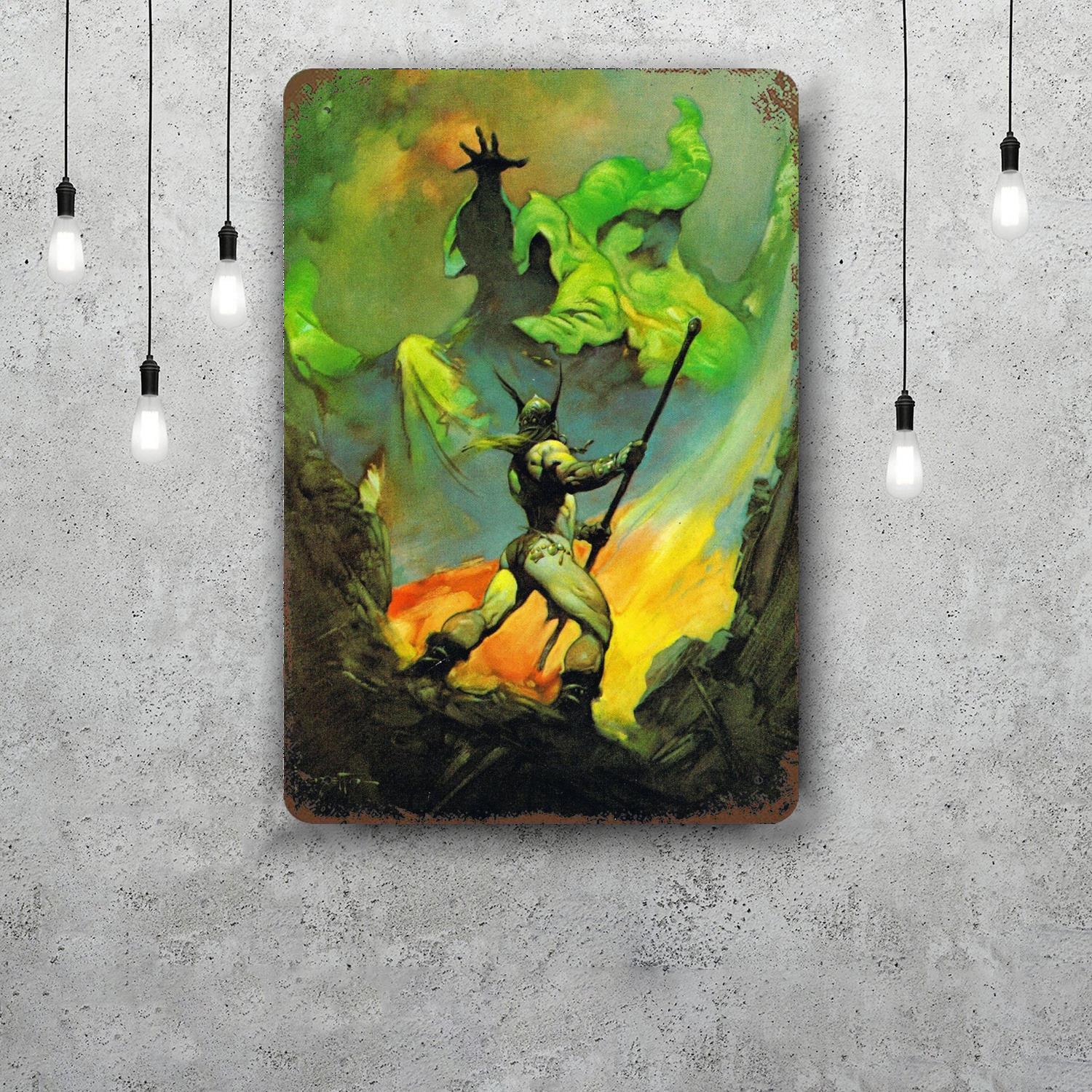 

frank frazettas Classic Poster Rusty Metal Plaque Retro Decorative Plate Bar Man Cave Garage Club Metal Sign Wall Decoration 20x30cm（7.8x11.8inch）