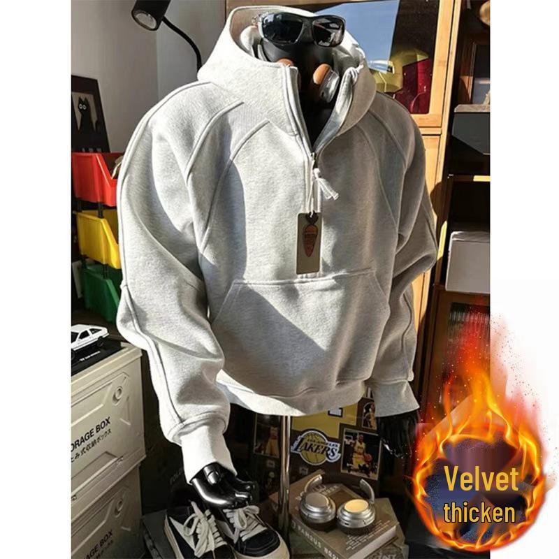 Herren Trendy Herbst Schwere Kapuzenjacke mit Stehkragen und halbem Reißverschluss mit Samtfutter