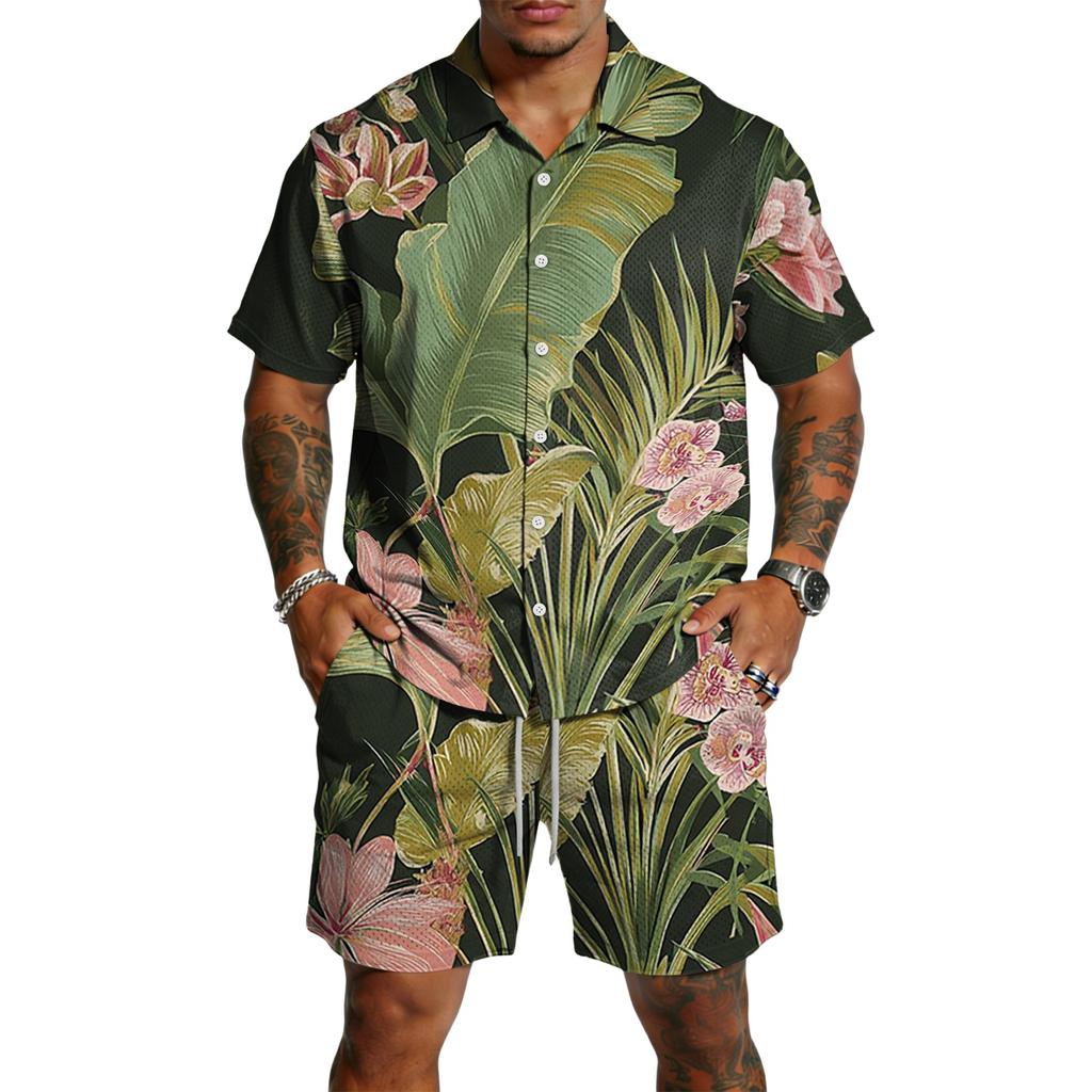 Men's Casual Printed Top and Drawstring Shorts Set Lightweight Breathable Set for Summer