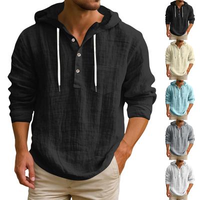 Men's Hooded T-shirt Solid Color Cotton And Linen Men's Casual Long-sleeved Top