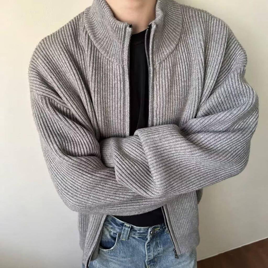 Men's Korean Knit Cardigan Jacket - Autumn/Winter Trend, Solid Stand Collar Sweater, High-End Feel, Lazy Style.