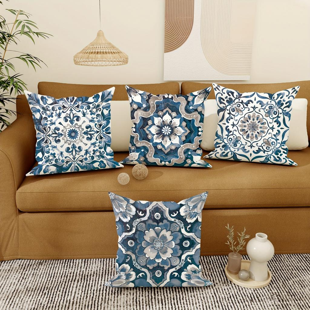 Blue And White Retro Pattern Home Decor Pillowcase Living Room Sofa Polyester Cushion Cover With Zipper