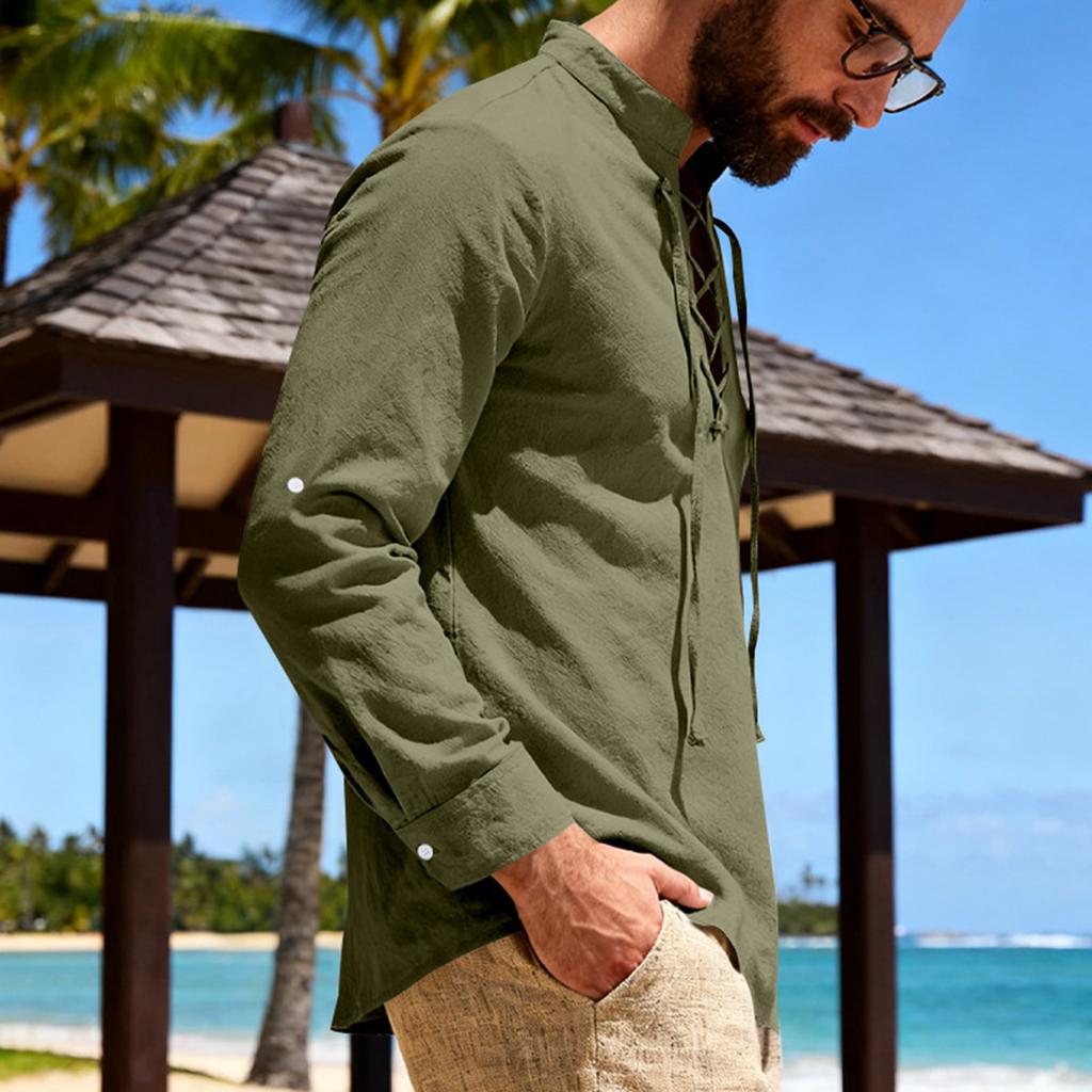 Men's Collared Linen Shirt  Casual Sports Beach Long Sleeved Shirt