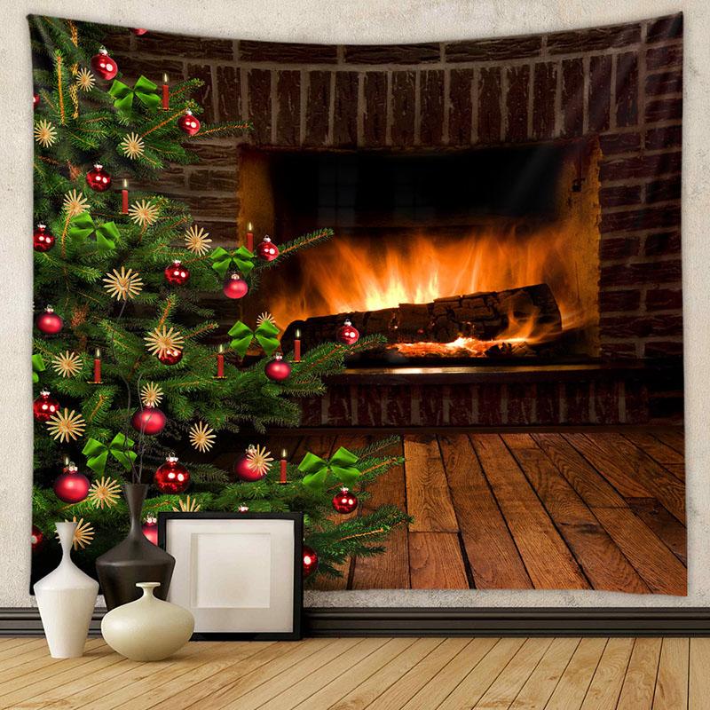 American Christmas Tapestry for Living Room Xmas Tree Fireplace Printed Wall Hanging Cloth Soft Square Holiday Home Decoration