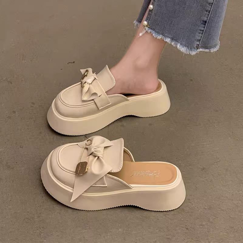 Fashion Baotou Slippers Womens Summer 2025 New Thick-Soled Big Head Bow Muller Sandals Fashion Trend Casual Womens Shoes