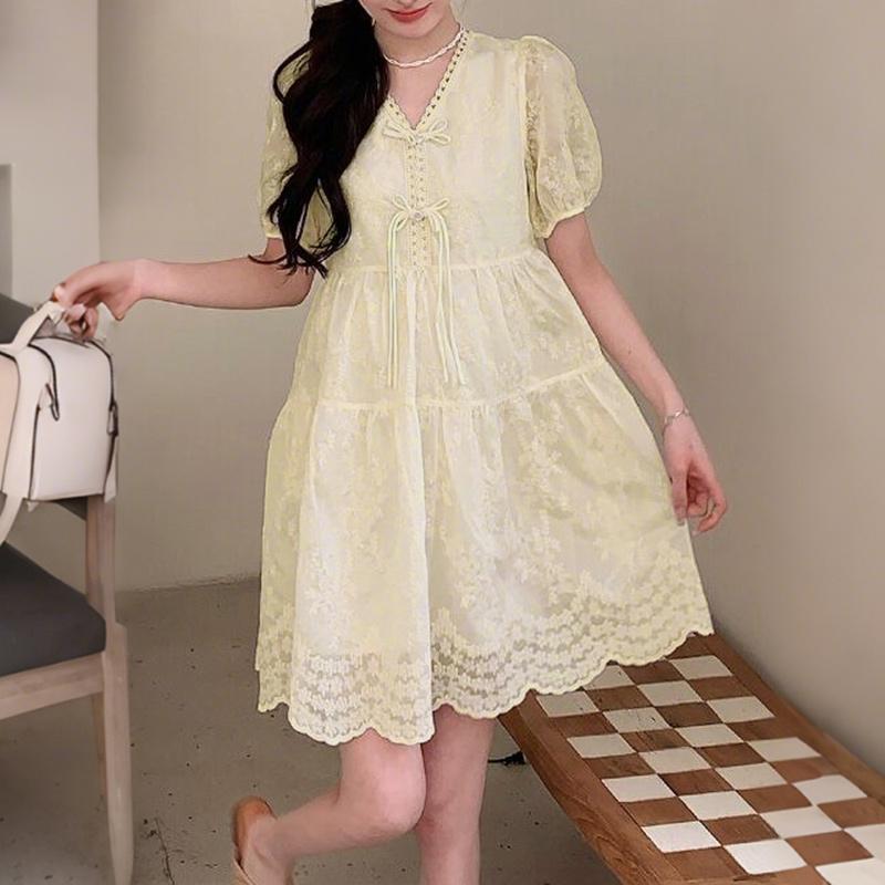 ZANZEA Women Casual V-Neck Summer Short Sleeve Lace Dress S абрикосовый