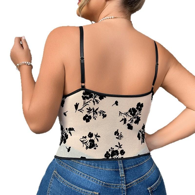 Women Plus Size Floral Print Corset Top Spaghetti Strap Mesh Sheer Boned Bustier Camisole Top
