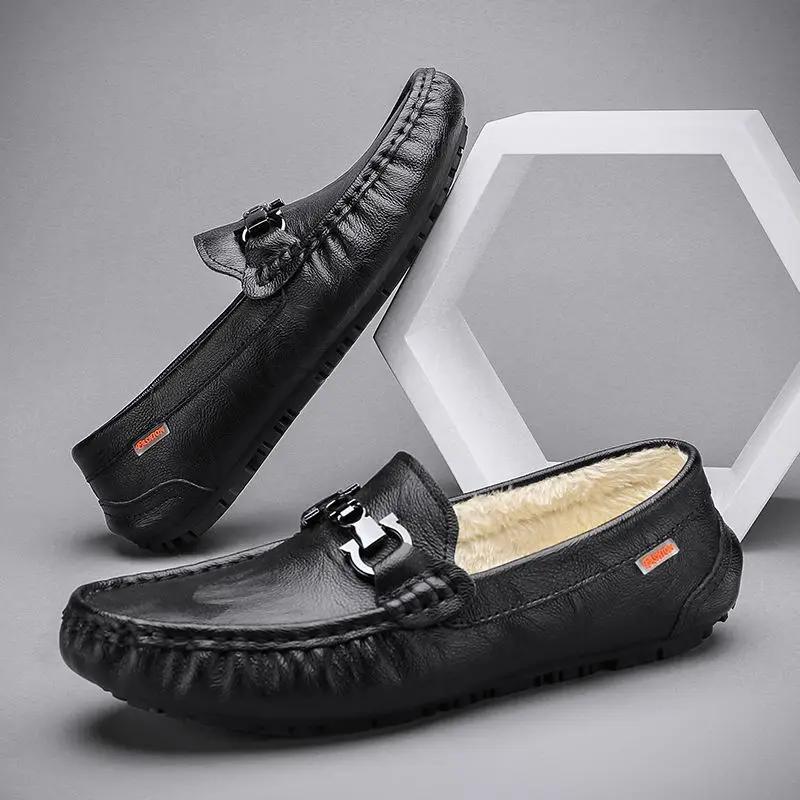 Leather Shoes for Men Non Slip and Waterproof Man Casual Shoe Square Toe Flat High Quality Fashion Pu Classic Original On Sale