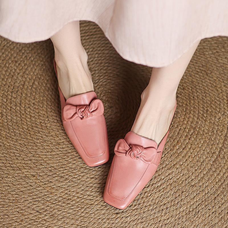 Fashion 2025 Women Shoes Genuine Leather Square Toe Women Sandals Solid Modern Sandals for Women Chunky Heel Bowknot Women's Mules Shoes