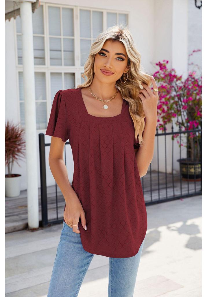 EU Cross-Border Women's Square Neck Pleated Short Sleeve Loose T-shirt 2024 Spring/Summer Collection