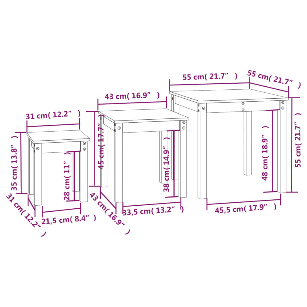 3 Piece Solid Pine Wood Nesting Tables