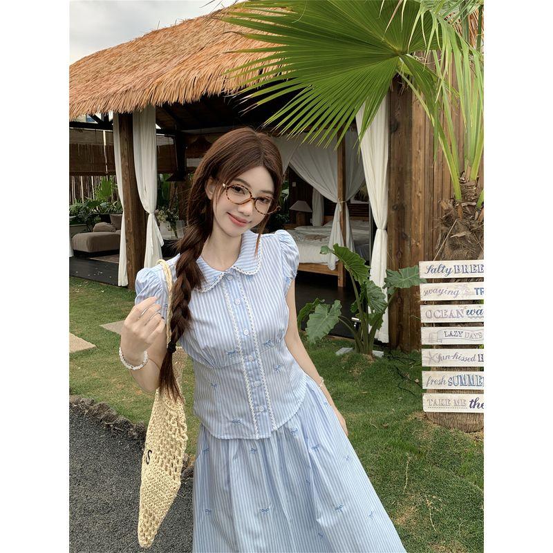 Kumikumi Sweet Set Younger Cute Doll Collar Shirts Women Summer Blue Stripe Skirt Two-piece Set