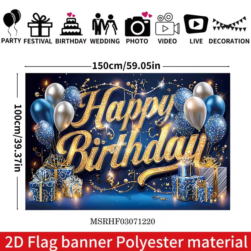 

2D Happy Birthday Banner Blue Gold Glitter Balloon Backdrop Photography Background Party Decor 47.2x31.5inch/120*80cm