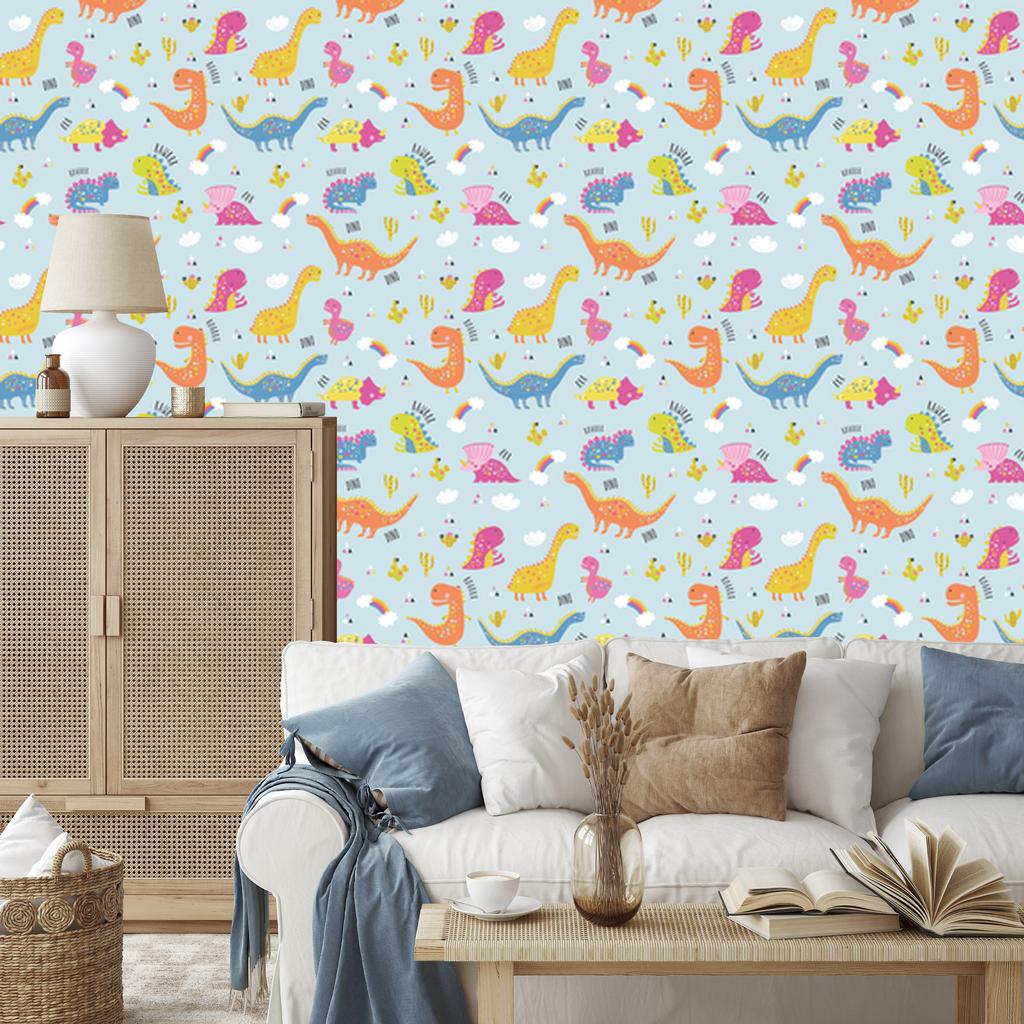Wallpaper Colorful dinosaurs cacti rainbows for living room and bedroom 50x1000
