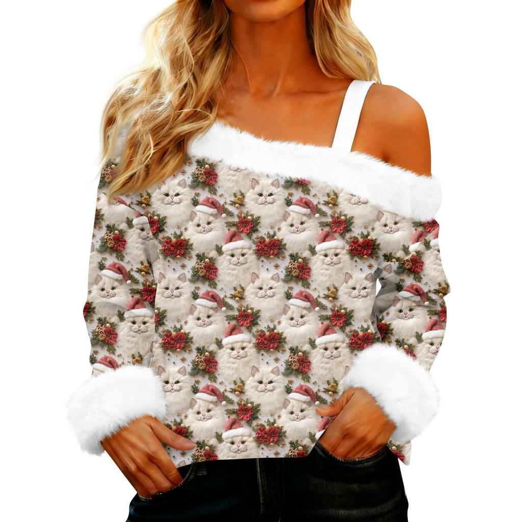 Women's Off-the-shoulder Plush Neck Printed Long-sleeved Pullover T-shirt Top