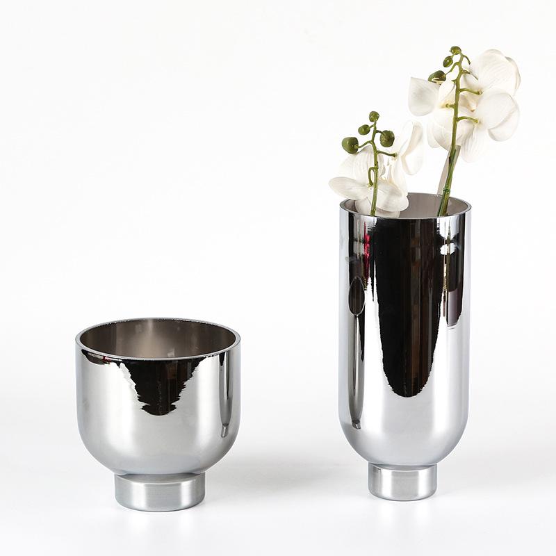 Electroplated Silver Glass Flower Vase - Modern Minimalist Tabletop Decoration for Living Room & Showroom.