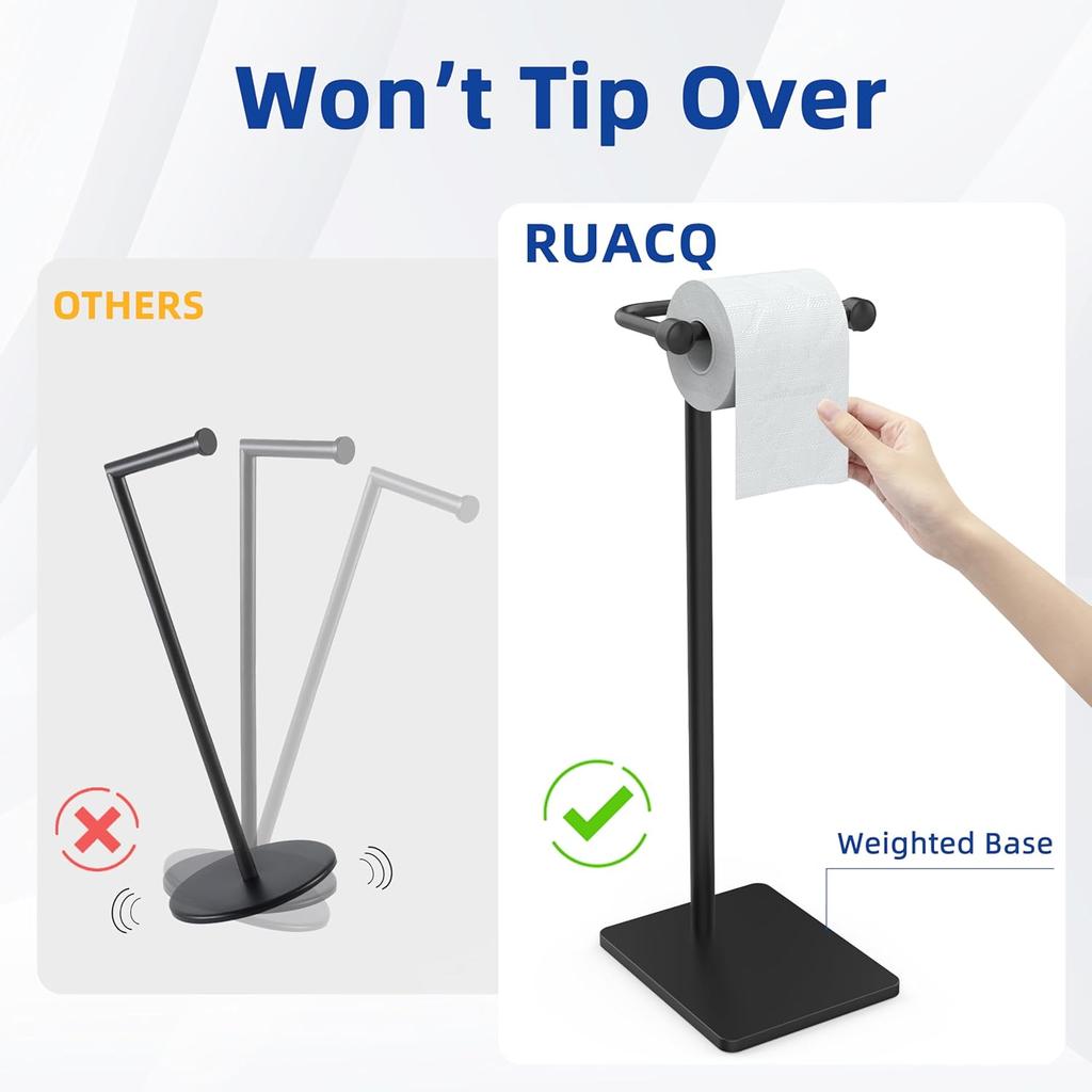 RUACQ Toilet Paper Holder Stand, Bathroom Toilet Paper Roll Holder Free Standing, Toilet Tissue Holder Stand with Post Pivoting Design, Stable