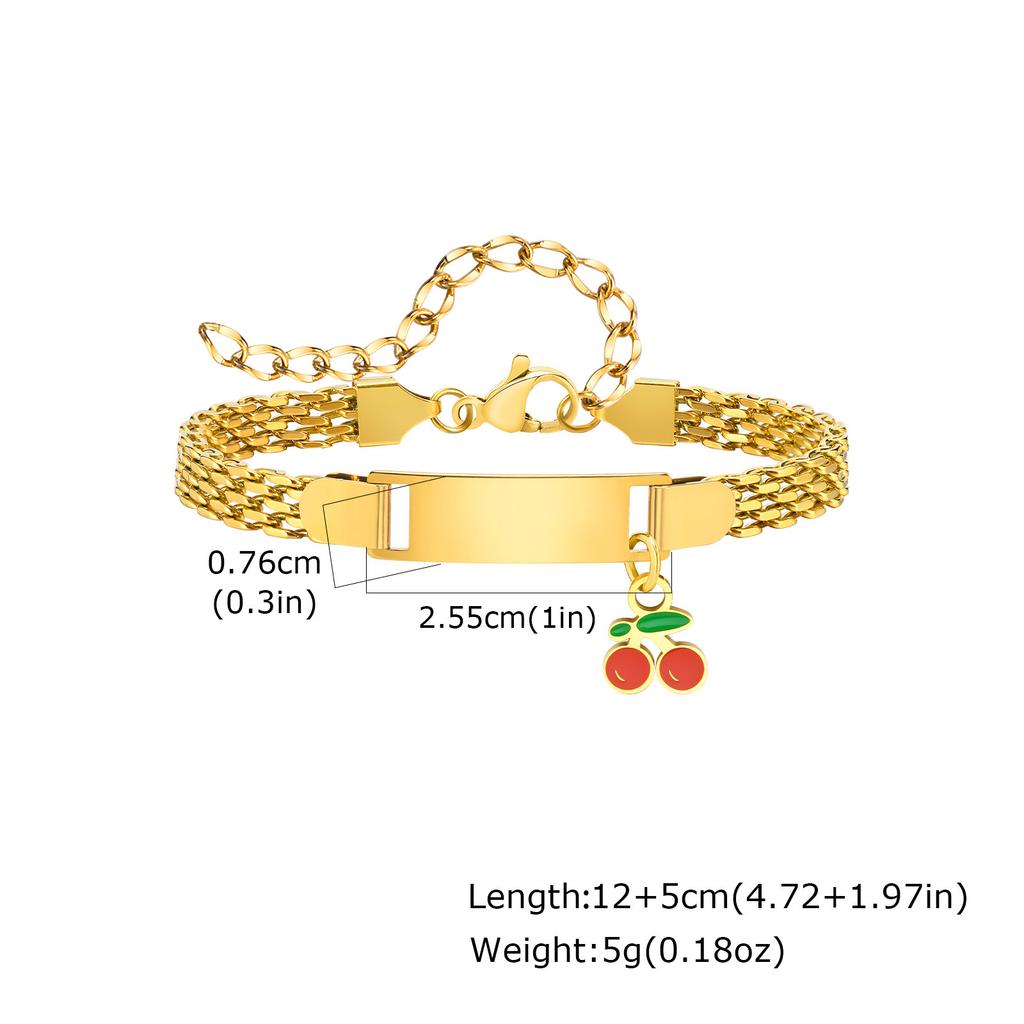 Personalized Customized Name Bracelet for Girl Boy Children, Strawberry Cherry Pendant Stainless Steel ID Bracelet for Kids