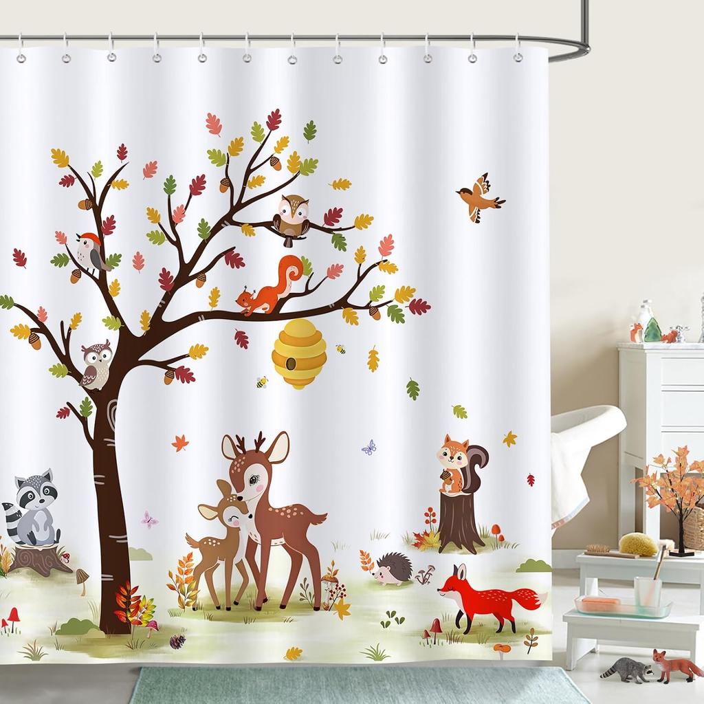 Forest Animal Shower Curtain 180 x 180cm Child Deer Fox Waterproof Polyester Bathroom Decorative Shower Curtain with 12 Hooks