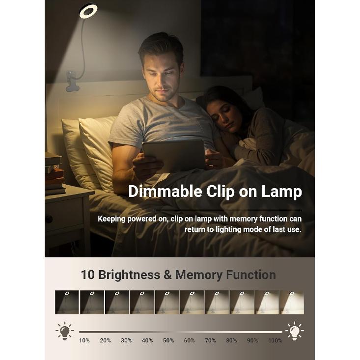 Clip on Lamp,5 Colors+10 Brightness LED Desk Lamp with Clamp,550lm Bright Clip on Light for Bed Headboard/Bedside Table,360°Adjustable Reading Light