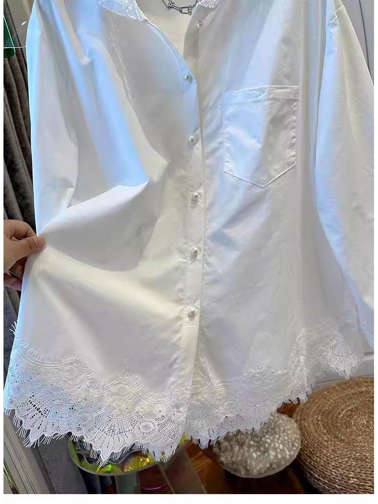 European Fashion Lace Hem Hooded Long Sleeve Women's Loose Shirt for Spring and Autumn