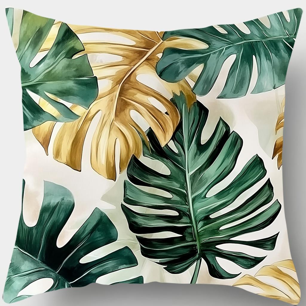 Ensemble de 4 taies d'oreiller feuilles de palmier tropicales - Fermeture éclair en polyester pour coussins de canapé et décoration de salon